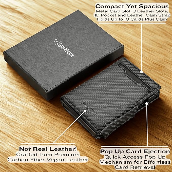 Minimalist Pop Up Wallet for Men | RFID Blocking Credit Card Holder Wallet with Money Clip | Mens Wallet Slim Bifold Front Pocket Metal Case with Gift Box (Premium Carbon Fiber Leather)