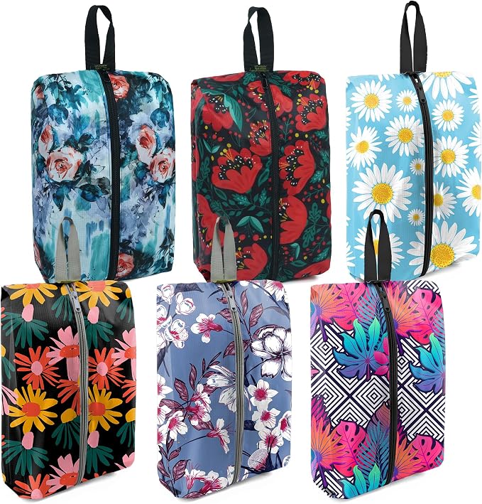 BeeGreen Shoe Bags 6 Pack Flower Design for Travel with Handle as Packing Organizers for Suitcase and Luggage | Portable Nylon Storage Accessories for Vacations, Essential Gifts for Women and Men