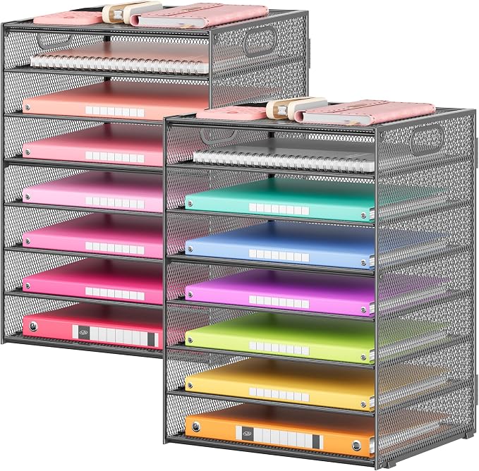Lavatino 2 Pack 8-Tier Office Desk File Organizer, Letter Tray Paper Organizer with Handle, Including 5 Adjustable Slide Trays for Organizing Desk Workspace Accessories and Supplies (Grey Metal Mesh)