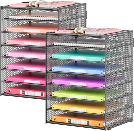 Lavatino 2 Pack 8-Tier Office Desk File Organizer, Letter Tray Paper Organizer with Handle, Including 5 Adjustable Slide Trays for Organizing Desk Workspace Accessories and Supplies (Grey Metal Mesh)