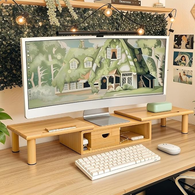 Dual Monitor Stand Riser with Drawer for Desk Laptop Desk Shelf with Adjustable Length and Angle, Bamboo Computer Stand Riser for 2 or 3 Monitors Screen Laptop PC TV -Natural