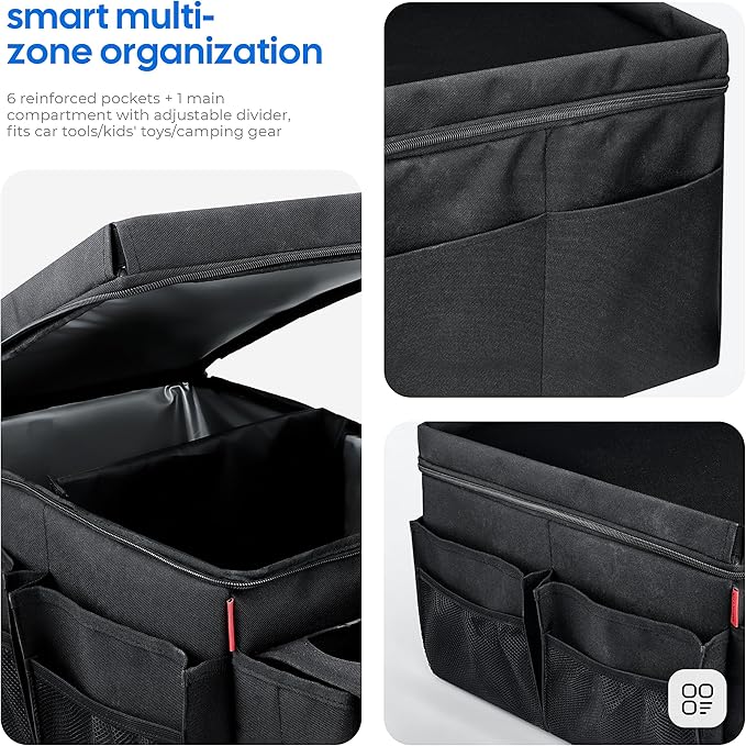 Car Organizer & Cooler – Durable Oxford Fabric Exterior & Waterproof Liner, Portable Car Storage & Insulated Cooler Box with Dividers, Cup Holders & Tissue Pocket – Black [2025 Upgraded]