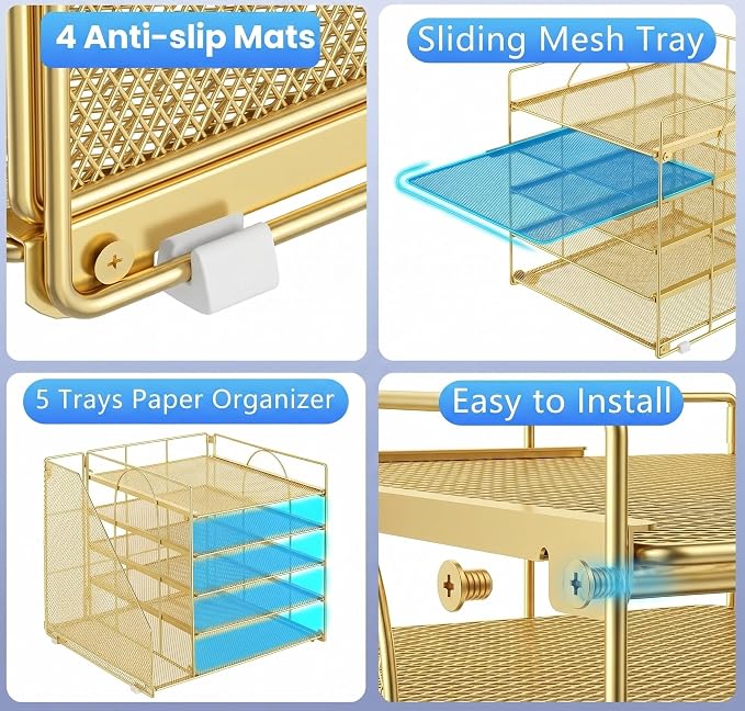 OPNICE 5-Tier Desktop File Paper Organizer, Desk Organizers and Accessories, Office Desk Accessories & Workspace Organizers for Home Office Supplies, Gold