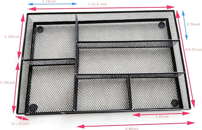 Desk Drawer Organizer tray, Mesh Drawer Organizer Tray for Office, School or Home Supplies Desktop Storage Stationery,bathroom,kitchen, 6 Compartments, 12.6 x 8.27 x 1.57 inch, Black