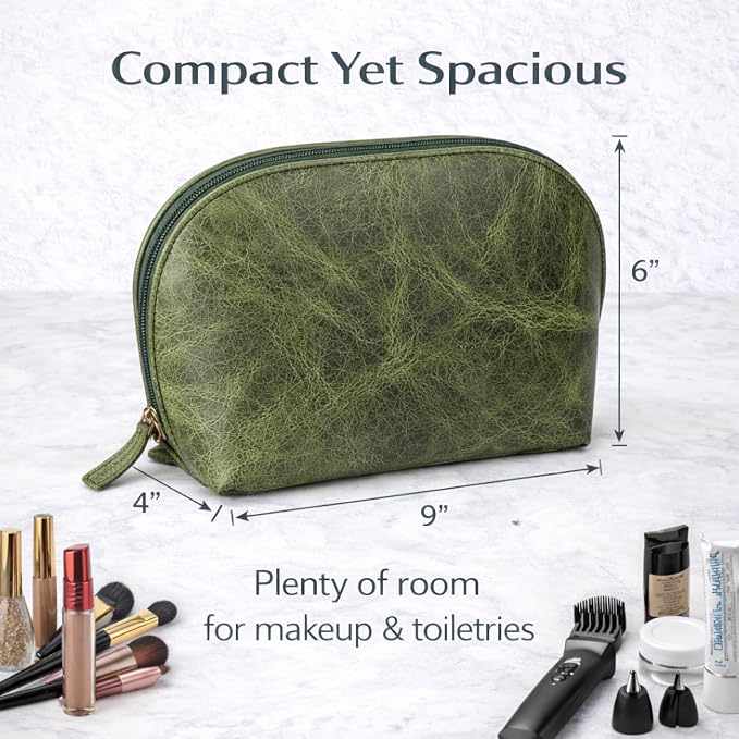 Genuine Leather Toiletry Bag for Men & Women, Leather Makeup Bag, Travel Dopp Kit Organizer with YKK Zipper, Handmade Cosmetics Case for Toiletries & Makeup (9 x 6 x 4 Inch)  Forest Green