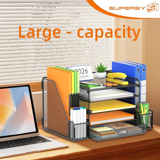 SUPEASY Mesh Desk Organizer with File Holder, 5-Tier Paper Letter Tray Organizer with Magazine Holder, Desktop Organizer and Storage with Drawer for Office Supplies Home or School (Black)