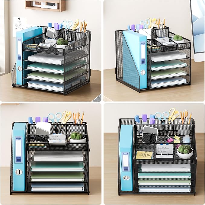 Lavatino Desk Organizer, 5-Tier Metal Mesh Paper Letter Tray with 1 File Holders & 7 Flexible Dividers for Office or Home Desk Organizers and Accessories, Keep Workspace Supplies Neat, Black