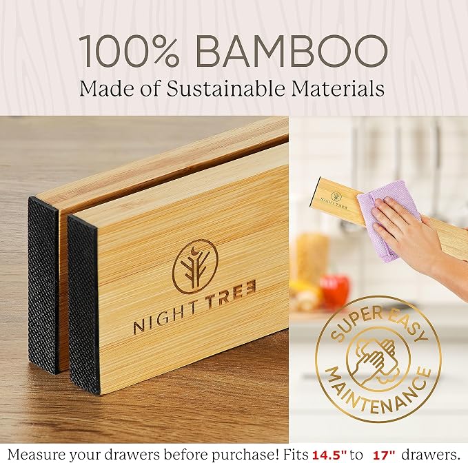 Night Tree Expandable Bamboo Drawer Dividers – Spring-Loaded Wooden Organizers for Clothes, Kitchen Utensils, Bathroom, and Dresser Drawers (14.5" to 16.5")