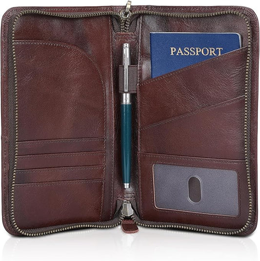 Polare Full Grain Leather Passport Holder With YKK Zipper RFID Blocking Travel Document Organizer Ticket Holder Cover Case Holds 2 Passports (Coffee)
