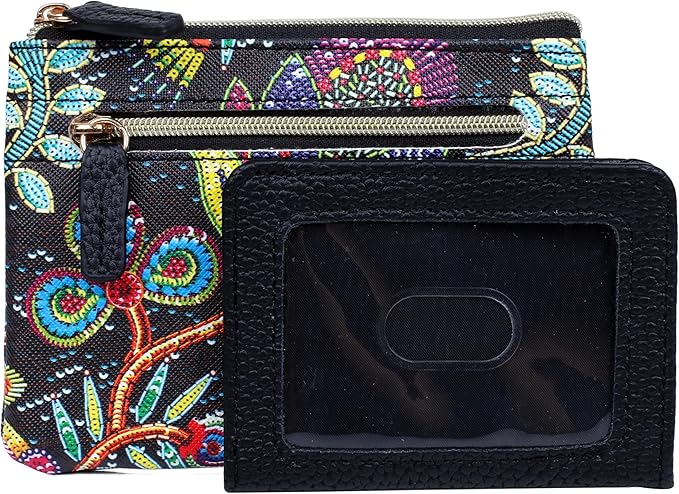 Julia Buxton Vegan Leather Wallet with Zipper, ID Windows, RFID Blocking, Card Slots & Key Ring, Compact Coin & Card Holder Case, Gift Idea,Sequin Flower