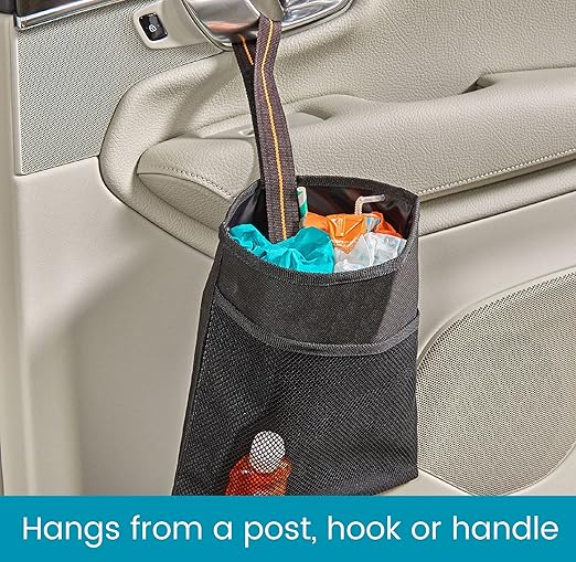 High Road Slim Hanging Car Trash Bag with Waterproof Liner, Storage Pocket and Adjustable Strap - Hangs from Handles or Headrest Posts Without Taking Up Legroom