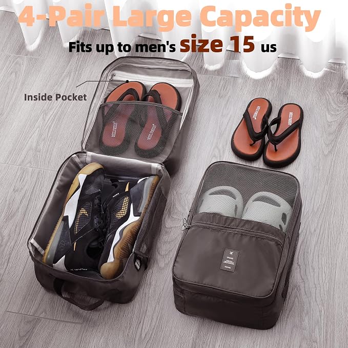 Large Shoe Bags for Travel Holds 4 Pair of Shoes, Shoe Storage Pouch with 3 Layers Compartments, Waterproof & Washable (Black)