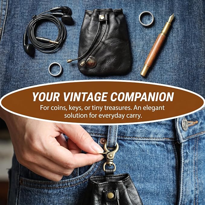 PU Drawstring Coin Purse, Vintage Faux Leather Pouch with Antique Brass Clasp, Portable Drawstring Coin Bag for Coins/Cash/Small Essentials(Black)