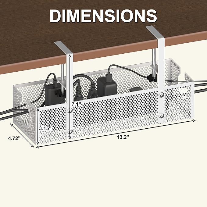 Under Desk Cable Management Tray - Fits up to 1.77" Thick Desks, No-Drill Clamp-on Wire Organizer, Reversible Inward/Outward Install, Heavy Duty Metal Power Strip Holder for Home Office & Gaming Desk