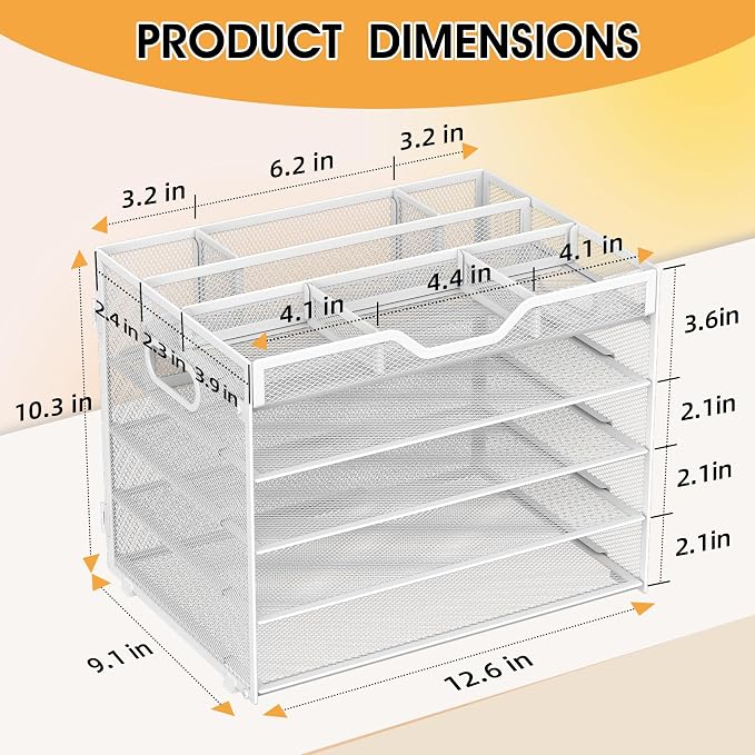 5 Tier Paper Letter Tray with 3 Drop-in Pen Holders, Mesh Desk File Organizer with Handle, Desk Organizers and Accessories for School,Home, Office Supplies Storage-White