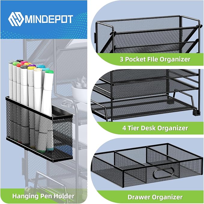 MINDEPOT 4-Tier Paper Organizer + 3-Pocket File Holder, Desktop File Organizers Paper Tray for Office School Classroom Workspace Organization (Black Desk Organizer)