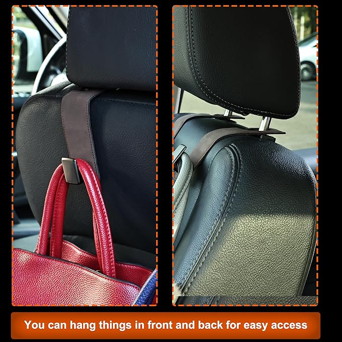 Car Seat Back Hook Metal with Suede Universal Vehicle Headrest Hangers Interior Storage Organizer for Purse Handbag Coat Grocery Bags 2 Pack Coffee