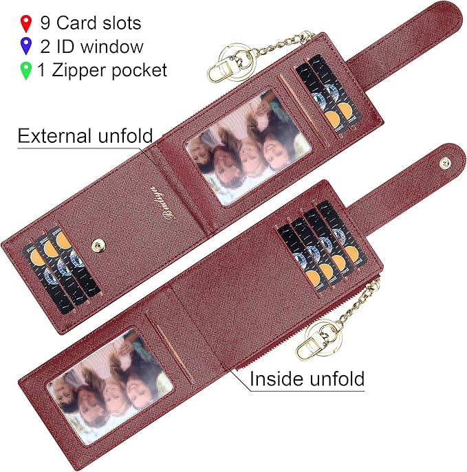 Badiya Slim Women Wallet RFID Blocking Bifold Compact 9 Card Slots Holder Wallets Soft Leather with Zipper Coin Pocket 2 ID Window