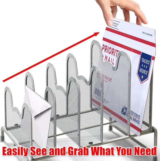 Simple Houseware Desk 5 Sections Step File Sorter Organizer, Silver