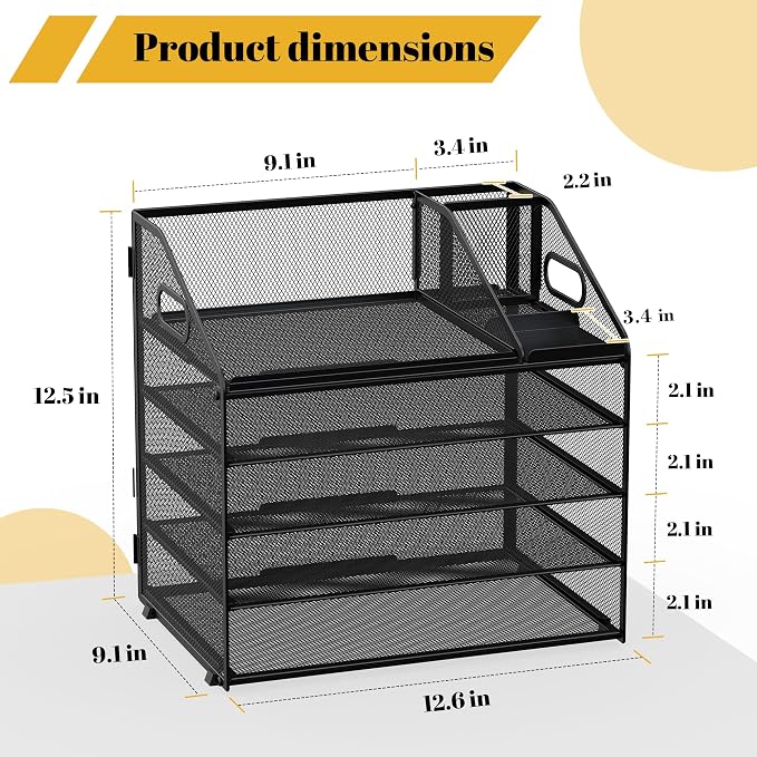 Letter Tray Paper, 5 Tier Desk Organizer with Pen Holder and Handle, Mesh File Organizer Paper Sorter Metal Desktop Document Shelf for Office Home Classroom - Black