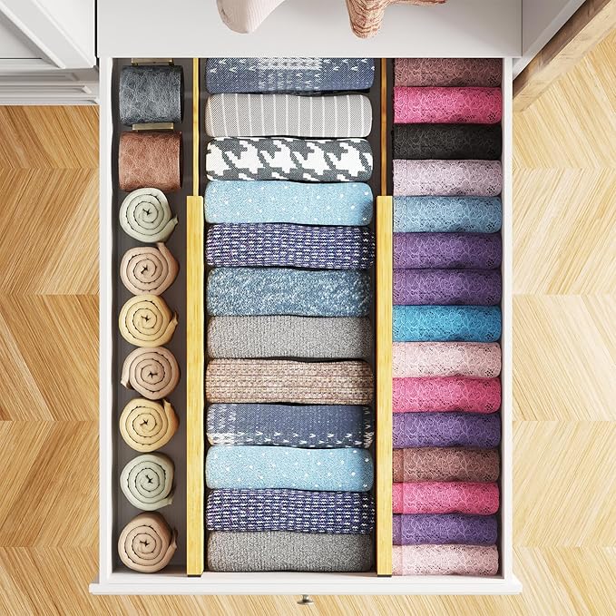 SpaceAid Bamboo 4 Pack Dresser Drawer Dividers, 4.65??High Adjustable 17??22??Drawer Organizers, Expandable Organization for Clothing, Clothes, Dressers, Natural
