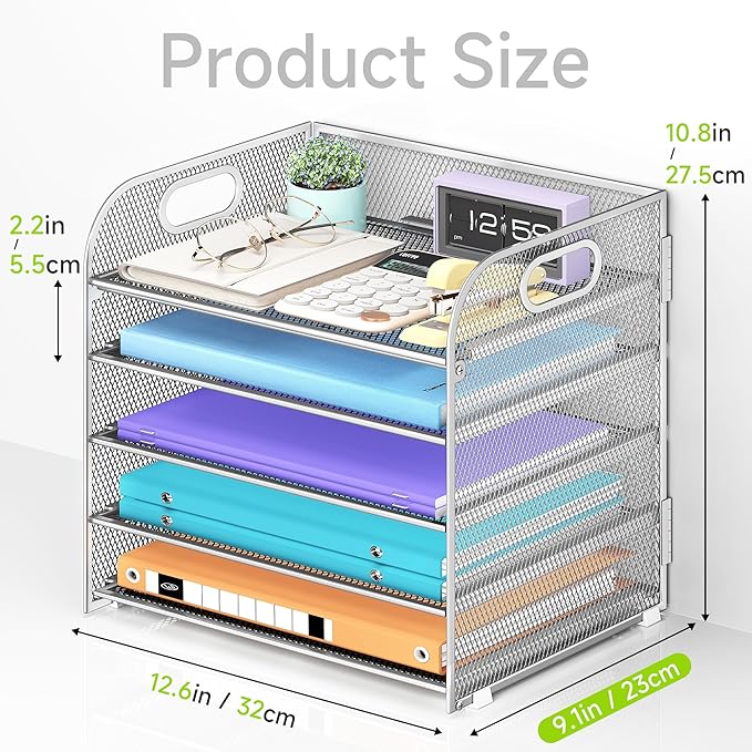 Cawukege 5 Tier Paper Organizer with Handle, Silver Metal Mesh Desk Organizer File Folder Paper Letter Tray Desktop Document Sorter for Classroom, School, Office Accessories Organization and Storage