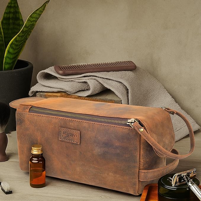 Rasavi Genuine Leather Travel Toiletry Bag for Men & Women, Handcrafted Vintage Dopp Kit, Water-Resistant Shaving & Bathroom Essentials Organizer - Distressed Brown
