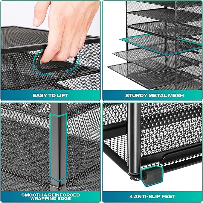 8 Tier Paper Letter Tray Organizer with Handles, Mesh Desk File Holder Storage Organization for Home School Classroom & Office (Black-with Drawer,Pen Holders)