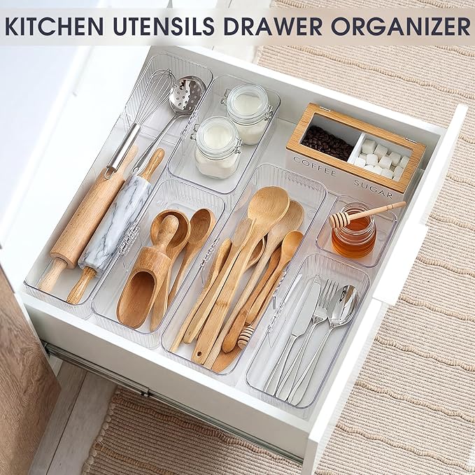 Aneco 25 Pieces Extendable Clear Drawer Organizer Adjustable Vanity Storage Box 4-Size Desk Drawer Divider Acrylic Storage Bins for Makeup, Cosmetic, Jewelries, Bedroom Kitchen Utensils Gadgets
