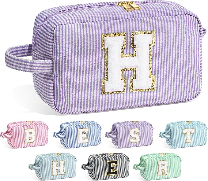 YOOLIFE Initial Makeup Bag for Women - Monogram Cute Makeup Bag Cosmetic Case Toiletry Pouch for Women Her Best Friend Sister Teacher, Personalized Birthday Gifts for Women, Purple H