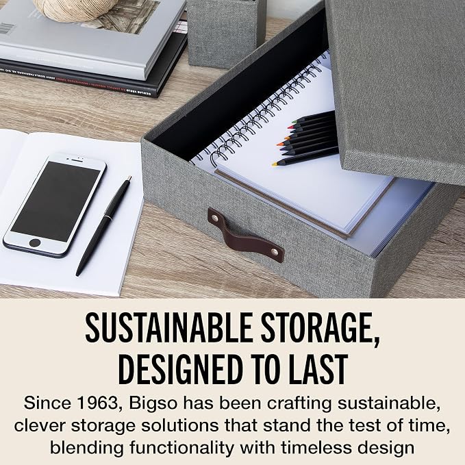 Bigso Oskar Canvas Fiberboard Document Letter Box - File Organizer Box for Important Paperwork - Document Storage with a Lid & Leather Handle - 3.3 in x 10.2 in x 13.8 in - Gray