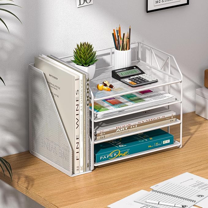 4-Tier Paper File Organizer with Bookend, Metal Desk Organizer, Tiered Paper Tray for Letter/A4 Files, Desktop Office Supplies Storage Rack for Home Office, Classroom, School & Work, White