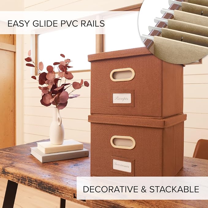 Decorative File Organizer Box Set of 2 - Collapsible Linen Filing Cabinets with Handles Are Perfect to Store All Your Documents & Hanging File Folders - Portable Easy Slide Office Crates with Lid