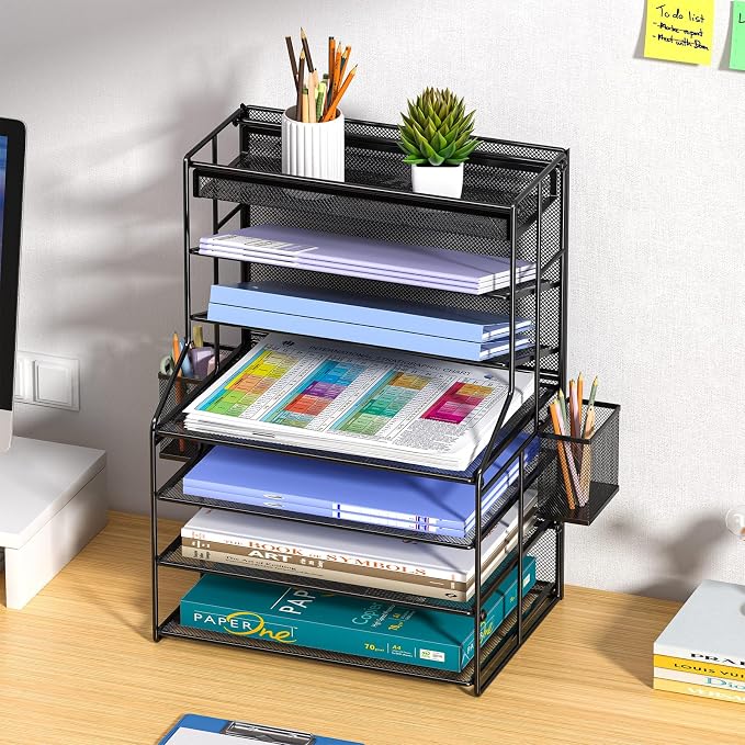 7 Tier Desk File Organizer, Black Metal Letter Tray Paper Organizer with Pull-Out Drawer, Removable Pen Holder & Hanging Basket, Vertical Desktop File Holder for Home Office, Classroom