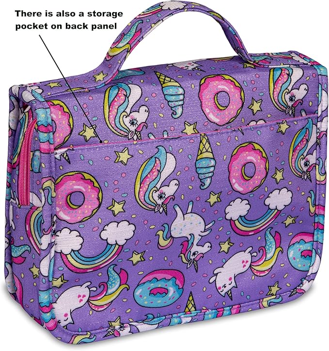 Eudora Cute Rainbow Unicorn Cartoon Toiletry Bag for Girls and Kids, Waterproof Bathroom Bag for Weekend with Many Rooms Pockets and Portable 360 Degree Hanging Hook