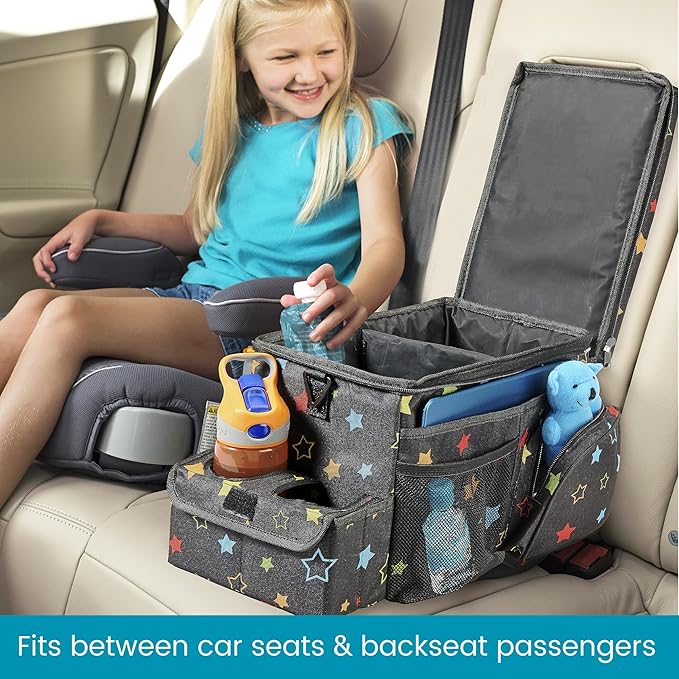 High Road CarHop Car Caddy Organizer with Road Trip Cooler, Car Cup Holder Bin, Sturdy Snack and Play Lid and 6 Organization and Storage Pockets, Starry Night