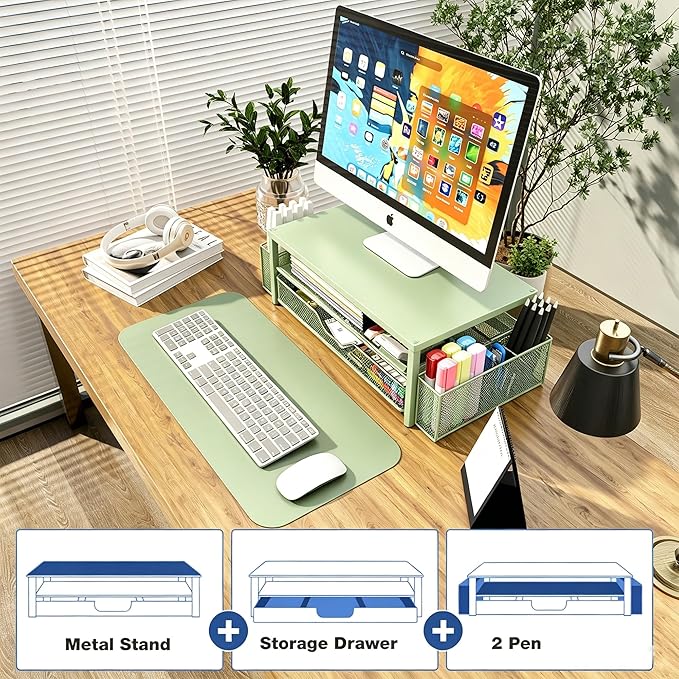 OPNICE Desk Organizers and Accessories, 2-Tier Computer Monitor Stand Riser with Drawer and 2 Pen Holders, Laptop Stand, Office Desk Accessories for Office Supplies, Green
