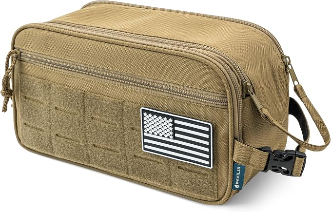 PAVILIA Tactical Toiletry Bag for Men, Water Resistant Molle Military Dopp Kit, Travel Hygiene Organizer with Wet Dry Storage for Shaving, Grooming, Gym and Camping, Tan