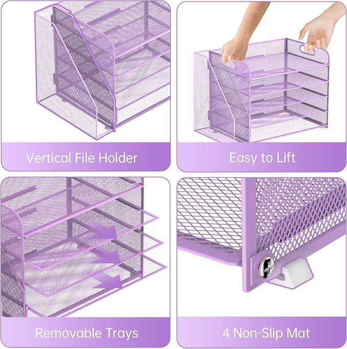 SUPEASY 5-Tier Desk Organizer with File Holder, Desk Organizers and Accessories, Paper Organizer for Desk, Mesh Desktop File Organizer, Workspace Organizers for Office School Home, Purple