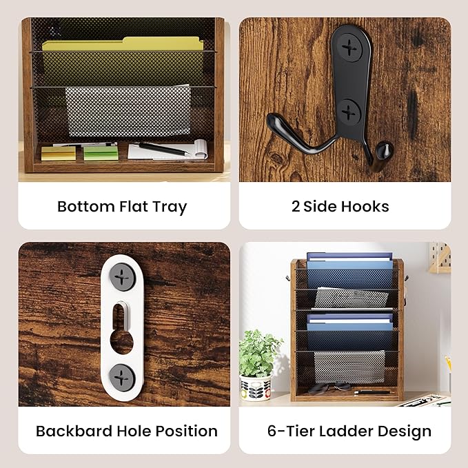 Mail Organizer Wall Mounted, 6-Tier Wall File Organizer with 2 Hooks, Wooden Desk Organizer Magazine Holder with Bottom Flat Tray, for Office Home, Rustic Brown