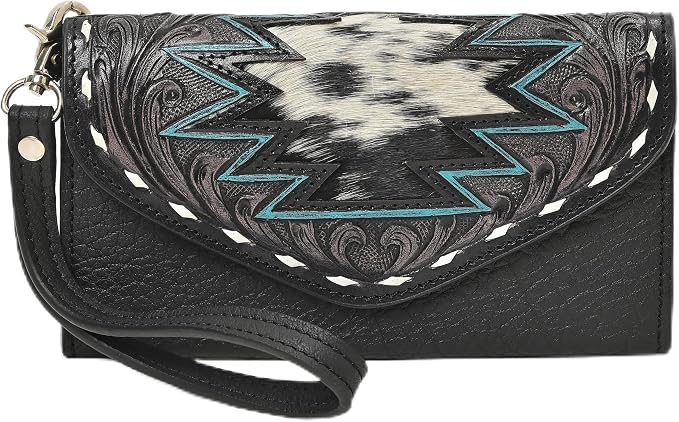 Merbaa Western Leather Wallet for Women, Hair-On Vegetable Tanned Leather Clutch Aztec Wristlet Purse, Card Cases & Money Organizers Bifold Cash Phone Slim Organizer with Card Slots, Zip Coin Pocket