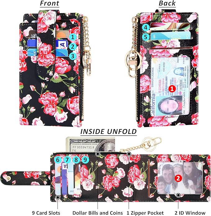 Badiya Slim Women Wallet RFID Blocking Bifold Compact 9 Card Slots Holder Wallets Soft Leather with Zipper Coin Pocket 2 ID Window