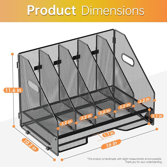 Docnest Desk File Holder Sorter, 5 Vertical Compartments Rack with Letter Tray, Mesh Magazine File Holder with Handle,Workspace Organizers,Desk Organizers for Paper, Mail, Documents-Black