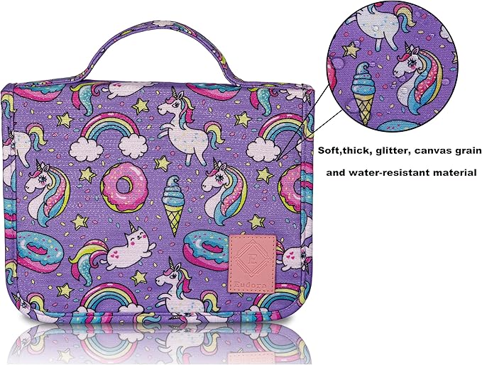 Eudora Cute Rainbow Unicorn Cartoon Toiletry Bag for Girls and Kids, Waterproof Bathroom Bag for Weekend with Many Rooms Pockets and Portable 360 Degree Hanging Hook