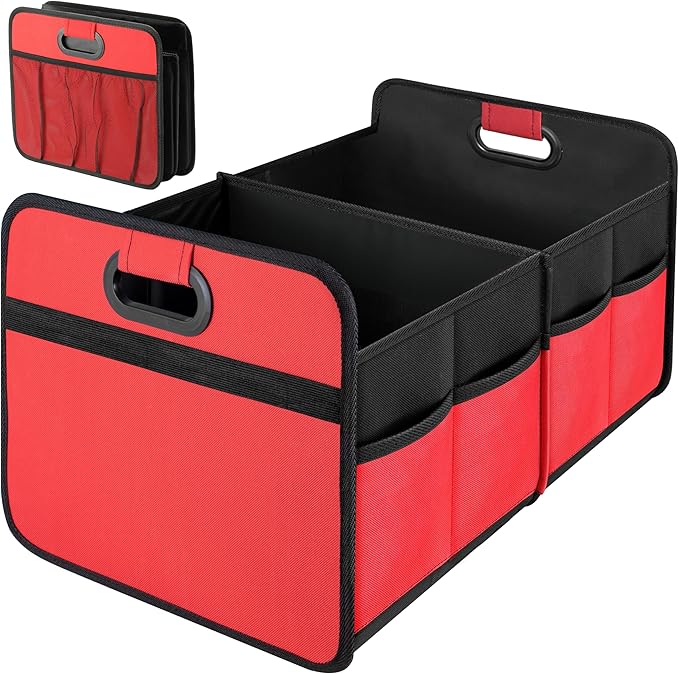 Simple Deluxe Car Trunk Organizer, 2 Compartments Collapsible Trunk Storage, Anti-slip Design, Made of Waterproof 600D Oxford Polyester, Suitable for SUV, Minivan, Truck, Standard Size, Red