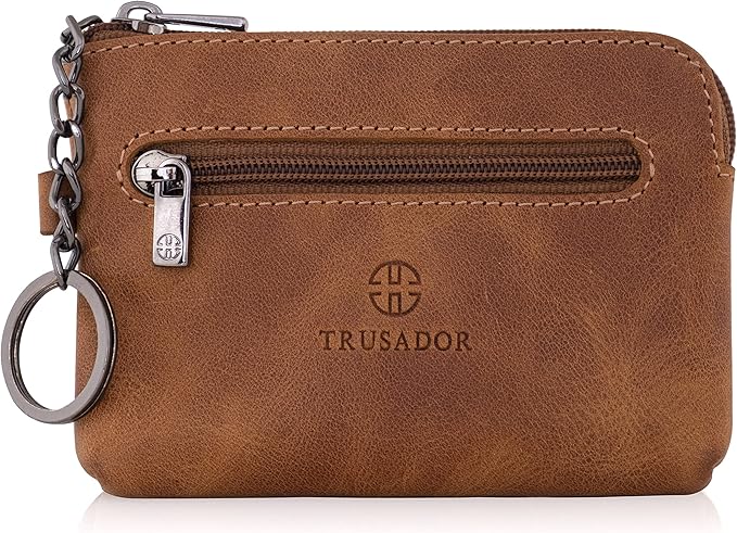 Trusador Milano Unisex Leather Front Pocket Wallet Coin Purse Zipper Pouch with Keychain (Cognac)