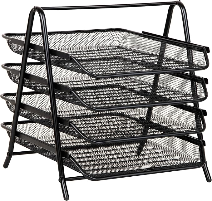 Mind Reader 4-Tier Paper Tray, Desktop Organizer, File Storage, Workspace, Office, Metal Mesh, 12"L x 13.75"W x 12.5"H, Black