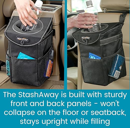 High Road StashAway Heavy Duty Car Trash Can with Rubber Lid, 3 Storage Pockets and Sturdy Panels for Stable Floor or Hanging Seatback Use (Black)