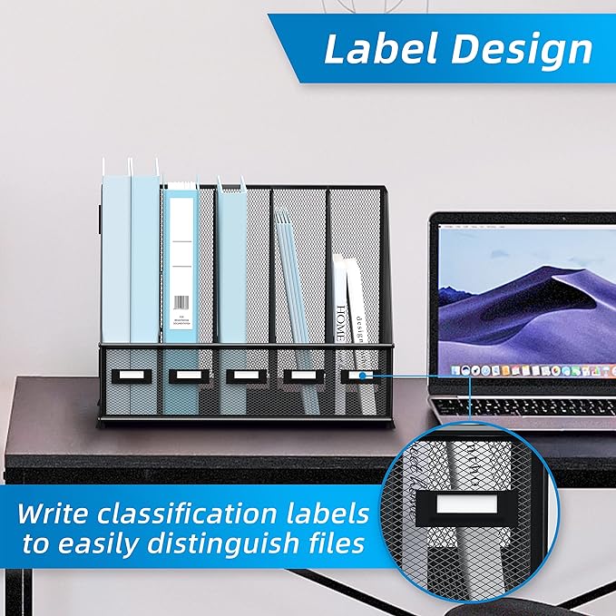 SUPEASY Desk Organizers Metal Desk Magazine File Holder with 5 Vertical Compartments Rack File Organizer for Office Desktop, Classroom, Home Workspace, Black