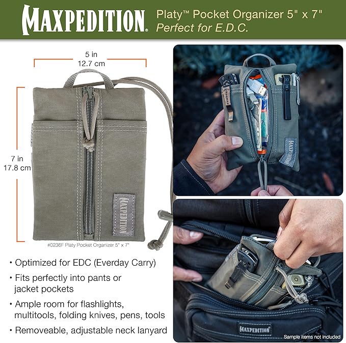 MAXPEDITION Platy Pocket Organizer, Durable EDC Tool Pouch for Men, Neck Wallet with Paracord Lanyard, Holds Flashlight, Multitool, Pen, Notebook
